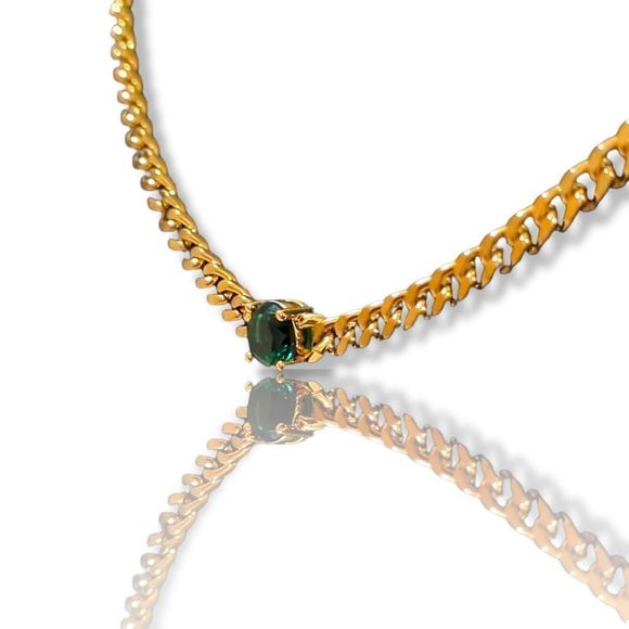 24" x 3mm 14K Gold Finish Green Stone Cuban Chain Over Stainless Steel. - Picture 3 of 11